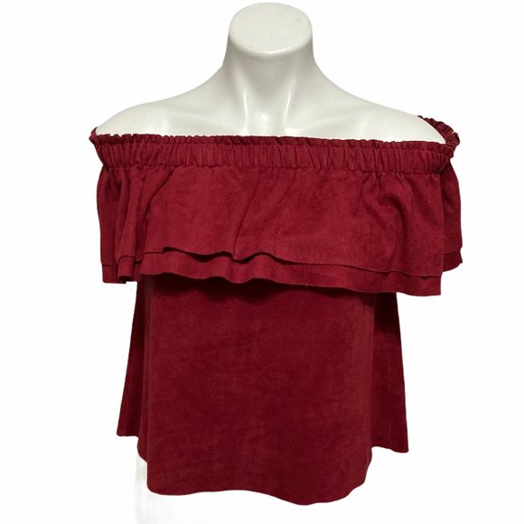 Young Fabulous & Broke XS Faux Suede Ruffle Chest Off Shoulder Top - Picture 2 of 6